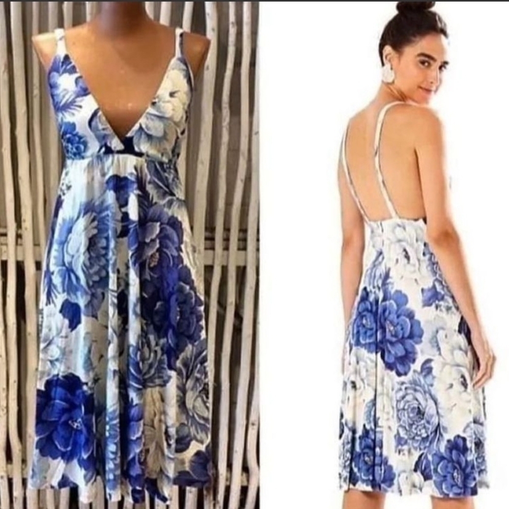 Farm Rio Blue and White Sleeveless Midi Sundress with Plunge Neckline - Picture 2 of 6